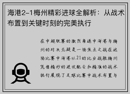 海港2-1梅州精彩进球全解析：从战术布置到关键时刻的完美执行