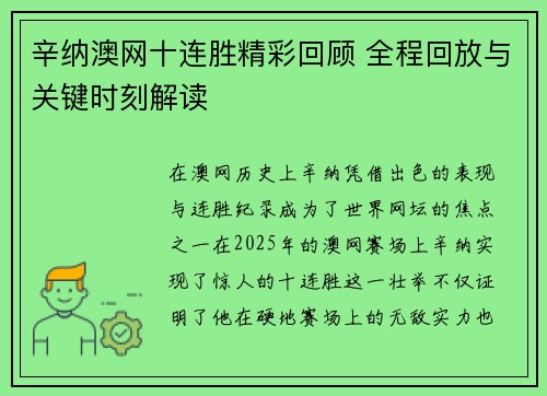 辛纳澳网十连胜精彩回顾 全程回放与关键时刻解读